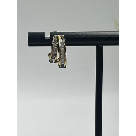 10K Yellow Gold 30 Diamonds Round  Baguette Channel Huggie Hoop Omega Earrings - Picture 11 of 12
